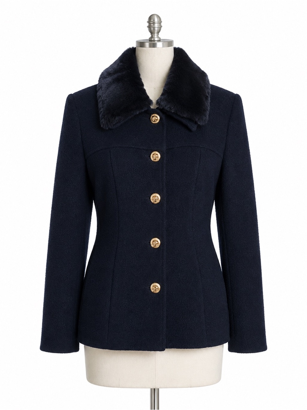 St John Navy Blue Wool Coat Faux Fur Collar - Sz 8